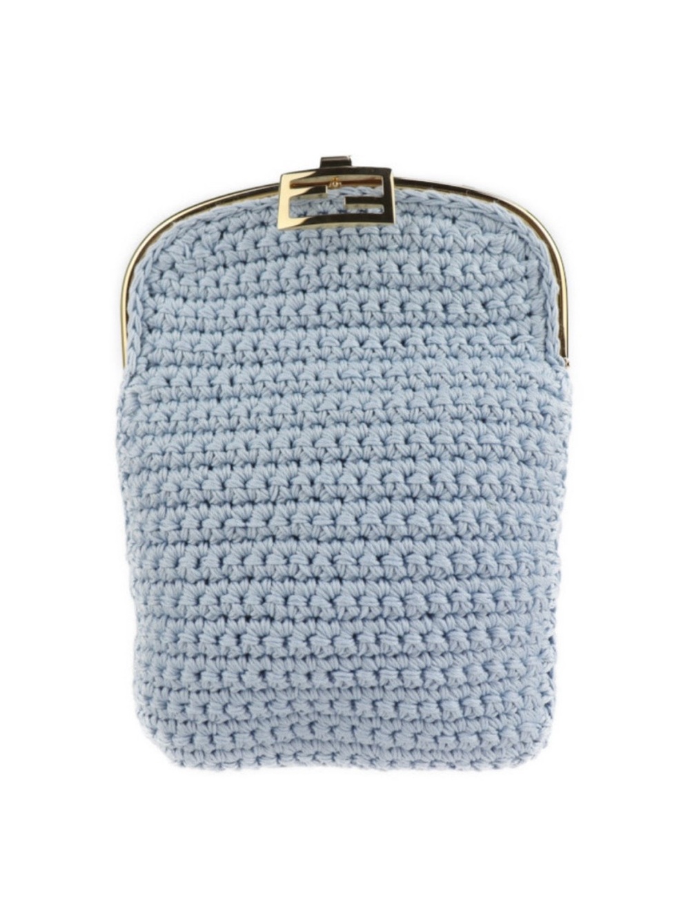 Authentic Fendi Light Blue Crochet Frame Clutch with Gold Hardware.